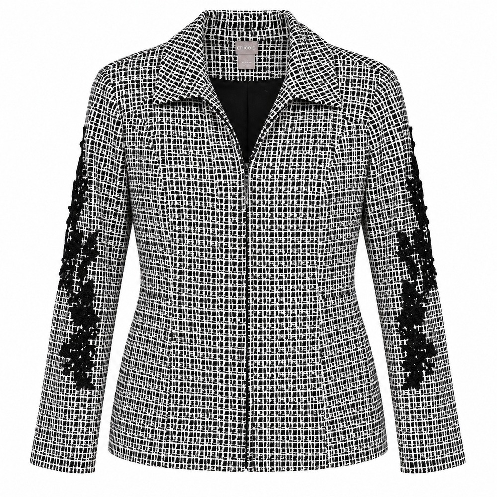 Chicos Tweed Dark Academia Office Jacket Medium Floral Applique Career Core